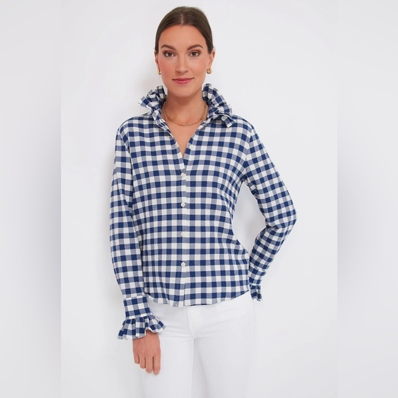 Tuckernuck‎ APOF Navy Plaid Ruffle High Neck Button Down Shirt Size XS - Picture 8 of 9